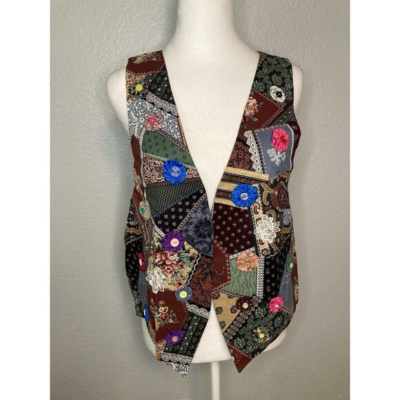 Patchwork Open Vest L Handmade Crazy Quilt Button Appliqué Granny Grandma Vtg - Picture 1 of 6